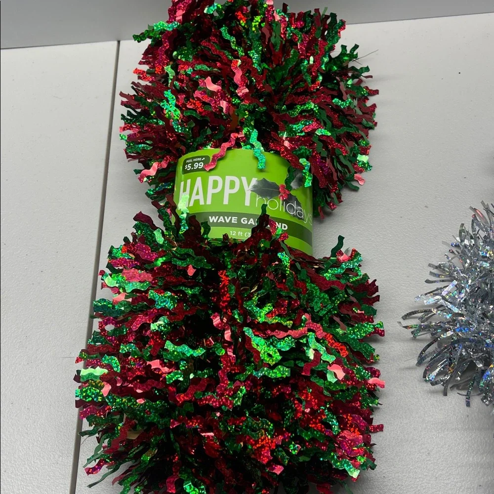 Bundle of 3 Festive Tinsel Garland Set - Red, Silver, Blue